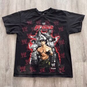 Vintage WWE RAW John Cena Triple H Edge Wrestling Graphic Shirt Black Large AOP